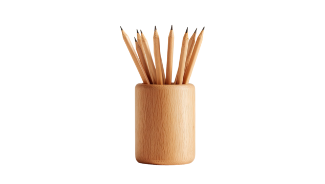 A wooden cup filled with sharpened wooden pencils against a black background
