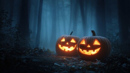 Two carved pumpkins sit on the forest floor glowing warmly against the twilight. Fog surrounds them creating a spooky atmosphere perfect for Halloween.