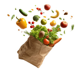 A brown paper bag overflowing with fresh fruits and vegetables