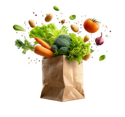 Fresh produce erupting from a brown paper grocery bag