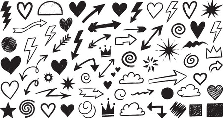 Collection of hand-drawn doodle elements including arrows hearts and stars simple vector illustration for design and decoration