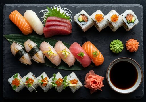 An overhead shot of various types of sushi and sashimi served on a black slate platter surface