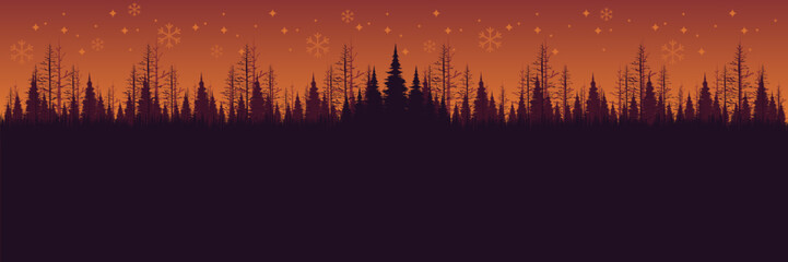 Wide screen holiday banner with a snowy forest and large white copy space for text.