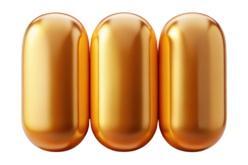 Three golden capsules shiny metallic pills vitamins supplements pharmaceutical gold color isolated on transparent background