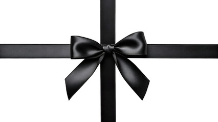Deep black matte satin ribbon bow, minimalistic design, soft shadows and smooth fold details, isolated on transparent background.
