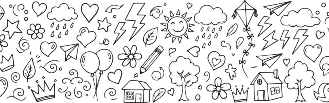 Hand-drawn doodle pattern with various objects including weather nature and school elements perfect for backgrounds or creative projects