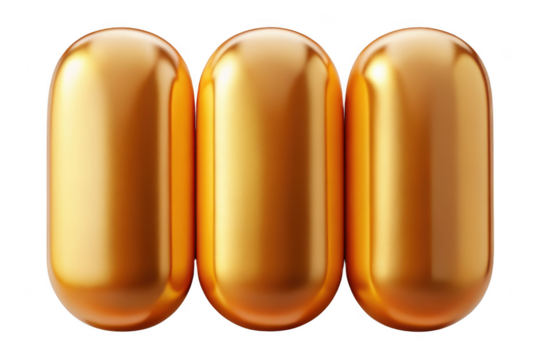 Three golden capsules shiny metallic pills vitamins supplements pharmaceutical gold color isolated on transparent background - Powered by Adobe
