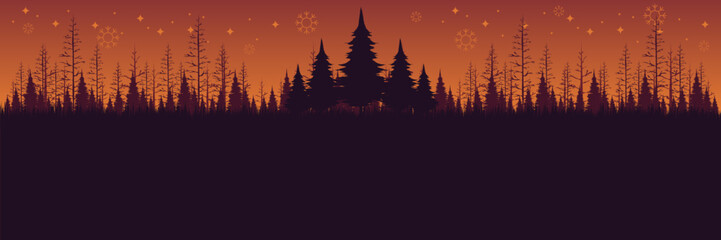 Panoramic Christmas vector background with a green winter forest silhouette and snow.