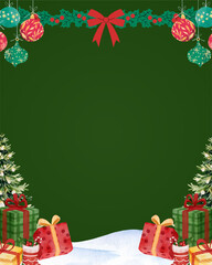 Christmas and New Year greeting card with green background, tree frames, gifts and festive elements. Perfect for elegant greeting cards, posters and seasonal winter designs.