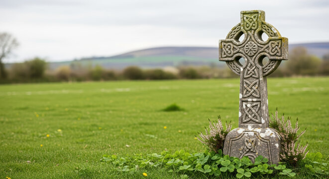 St Patrick's Day scene shows Celtic cross monument on green field, with symbolic meanings. St Patrick's Day celebrates Irish heritage and faith,
