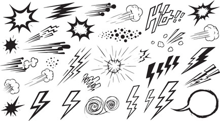 Set of hand-drawn comic speech bubbles and elements vector illustration of speed lines explosion effects for manga and comics © HexaFrame