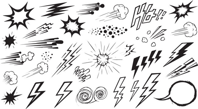Set of hand-drawn comic speech bubbles and elements vector illustration of speed lines explosion effects for manga and comics