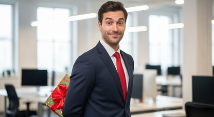 Secret Santa gift hidden by smiling businessman in suit at modern office, Secret Santa celebration at work. Secret Santa creates anticipation and surprise,