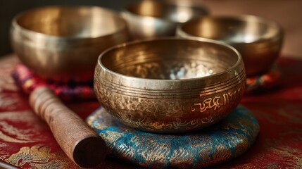 Naklejka premium Set against a vibrant mat metallic tibetan singing bowls shine softly. A wooden mallet rests beside them inviting relaxation and meditation in a peaceful atmosphere.