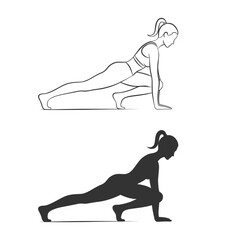 Woman mountain climber exercise pose vector silhouette and outline for gym fitness and workout concept.