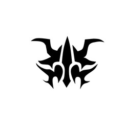 Intense black tribal emblem or mask with sharp horns and flowing, flame-like details. A striking symbol of dark power, aggression, and mythical fantasy.