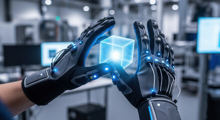 Person experiences VR using haptic gloves to manipulate virtual cube. Advanced VR technology allows manipulation of digital objects in virtual spaces, enhancing immersive user experience.