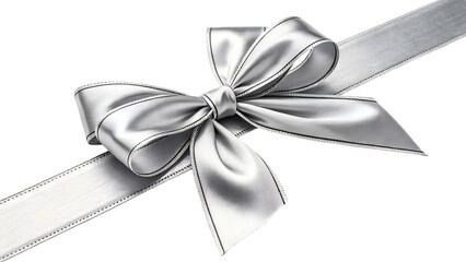 Shimmering silver metallic ribbon with a glossy bow, high contrast lighting, premium reflective texture, isolated on transparent background.
