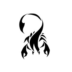 Minimalist black scorpion design with an arched tail and sharp claws. A sleek and iconic tribal symbol of danger, power, and the astrological sign Scorpio.