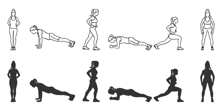 Woman workout exercise pose vector silhouette, line art set for fitness, gym and healthy lifestyle design elements.