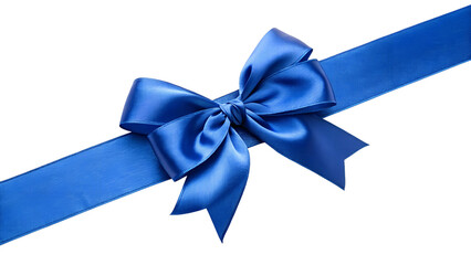 A silky royal blue ribbon with a perfectly shaped bow, soft reflective sheen, symmetrical design, isolated on transparent background, professional product photography