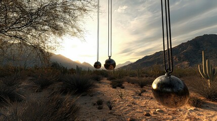 Three metallic pendulums hang suspended in a desert landscape with mountains and saguaro cacti under a warm sunset sky.