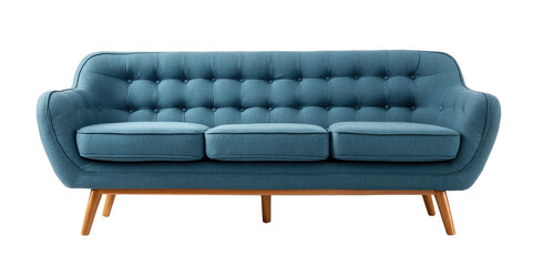 A modern blue three-seater tufted sofa with wooden legs on a black background