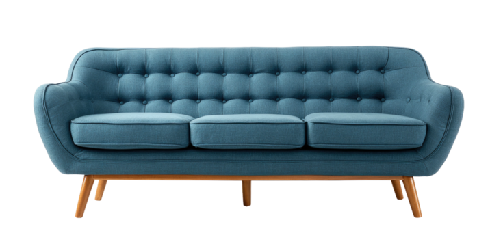 A modern blue three-seater tufted sofa with wooden legs on a black background