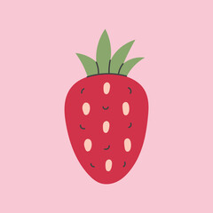 Hand Drawn Strawberry Card. Cute Ripe Juicy Red Berry with seeds and leaves Icon. Whimsical childish symbol for kids children design. Flat vector illustration
