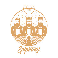 Obraz premium Happy Epiphany Day, Christian festival - Three wise men and baby jesus in circle shape under star light at night vector design