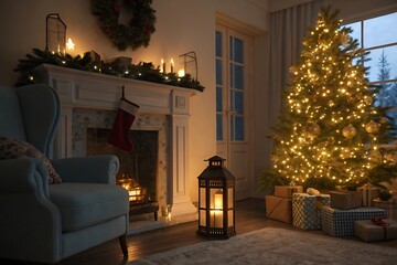 Festive christmas evening in a cozy living room with glowing tree.