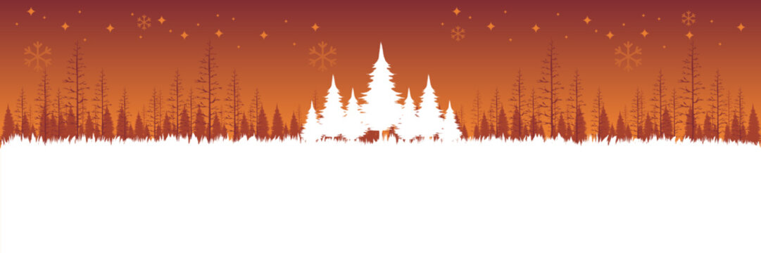 Minimalist winter landscape illustration in a warm red and orange theme for a holiday header.