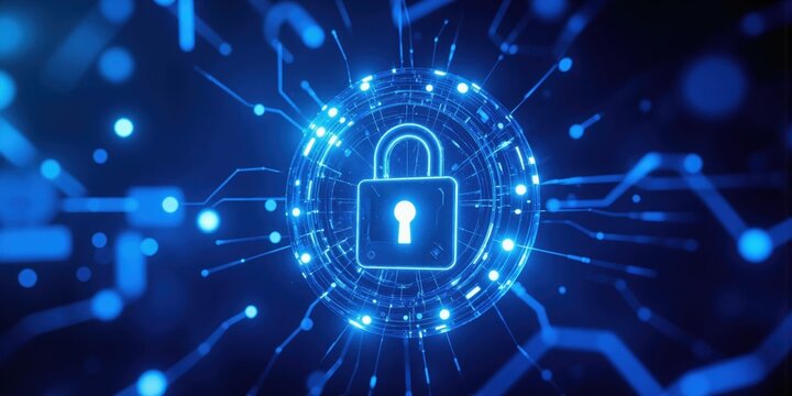 Blockchain Security in Finance A futuristic digital lock hovers above a transparent blockchain network, reinforcing trust in decentralized transactions.