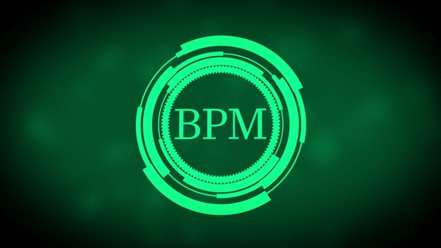Green BPM acronym in a futuristic circular HUD interface against a dark green blurred background