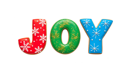Festive holiday gingerbread cookies spelling the word JOY, decorated with colorful icing and snowflakes, isolated on a white background