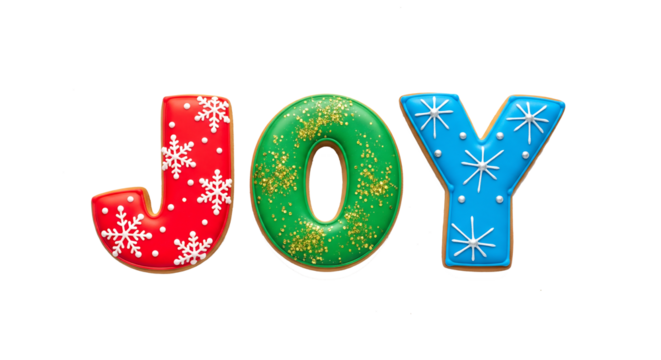 Festive holiday gingerbread cookies spelling the word JOY, decorated with colorful icing and snowflakes, isolated on a white background