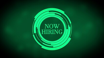 Neon Green Circular HUD Element with Now Hiring Text on Dark Green Background employment recruitment
