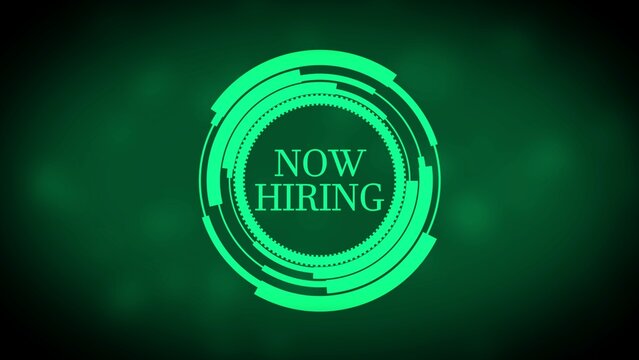 Neon Green Circular HUD Element with Now Hiring Text on Dark Green Background employment recruitment