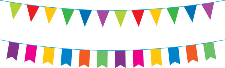 Colourful birthday garland and bunting flag for party decoration isolated on transparent background