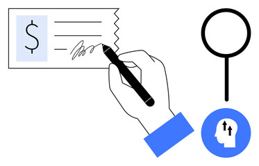 Financial transaction. Signing a document with a pen financial transaction. Visual metaphor includes magnifying glass and upward thinking for monetary analysis. contracts, banking, corporate