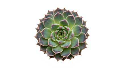 Stunning succulent rosette with vibrant green and pink leaves forming a natural mandala pattern, isolated on a white background