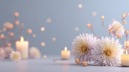 Delicate flowers and softly glowing candles create a tranquil atmosphere. The arrangement includes pastel blooms and warm candlelight ideal for enhancing relaxation and peace.