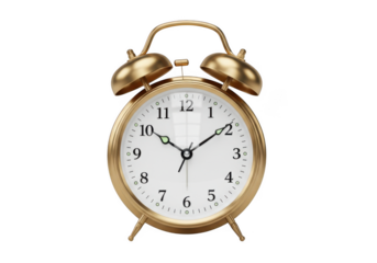 Vintage gold alarm clock timepiece ticking timer deadline reminder urgency countdown tick tock clockwork isolated on transparent background