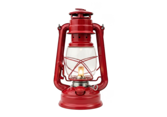 Vintage red kerosene lantern, oil lamp, emergency light, camping lantern, hurricane lantern, decorative lighting isolated on transparent background