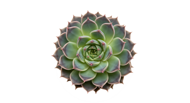 Stunning succulent rosette with vibrant green and pink leaves forming a natural mandala pattern, isolated on a white background