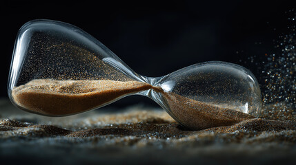 Tilted Hourglass with Flowing Brown Sand for Time-Themed Design, Classic Shape on Black Background