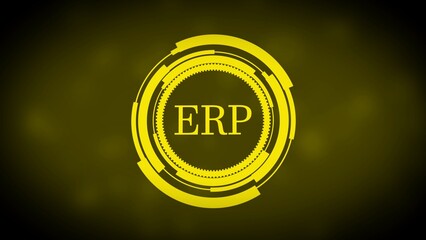 Yellow ERP acronym in a futuristic circular HUD interface against a dark yellow blurred background