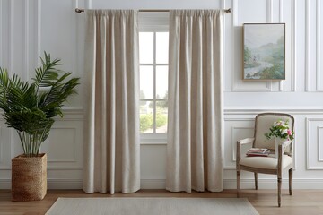 Fototapeta premium a front view of a comfortable living room, with light blue country-printed blackout curtains as the main body. 