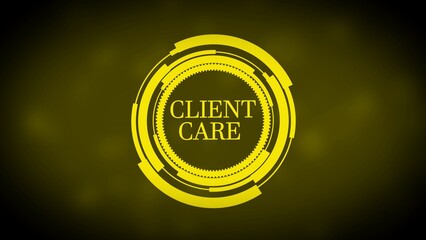 Yellow futuristic circular emblem with text CLIENTCARE on dark yellow background client care