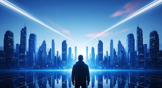 Man facing futuristic city skyline with blue lights and reflections - Powered by Adobe